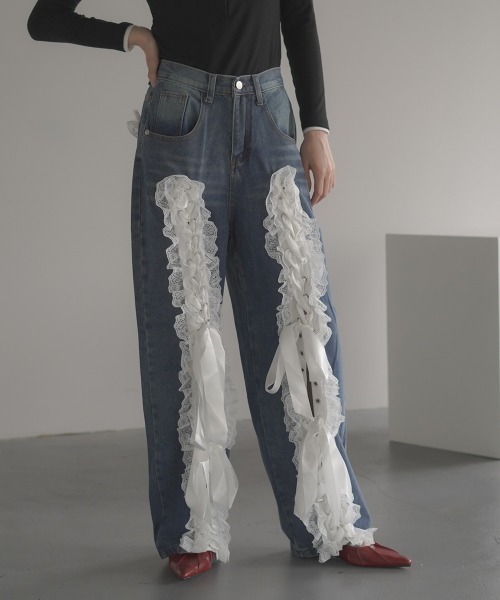 セール】Straight denim pants with front lace ribbon design