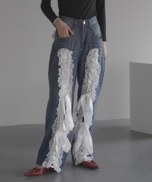 LUV IS TRUE リボンデニムパンツ NMRIBBONPANTS lace line denim pants – BUNNY APARTMENT