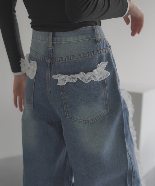 セール】Straight denim pants with front lace ribbon design