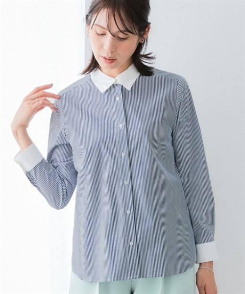 選べる2タイプ】ストライプ柄クレリックシャツ（しわになりにくい