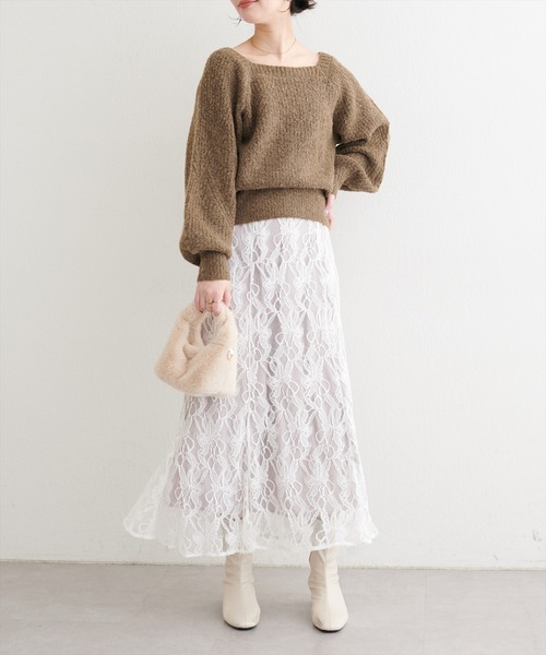 natural couture(ナチュラルクチュール)の「畦編みブークレスクエアニット(ニット/セーター・レディース・モカ/オレンジ/ブラック/オフホワイト・FREE)」の21枚目の写真