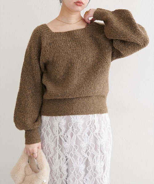 natural couture(ナチュラルクチュール)の「畦編みブークレスクエアニット(ニット/セーター・レディース・モカ/オレンジ/ブラック/オフホワイト・FREE)」の19枚目の写真