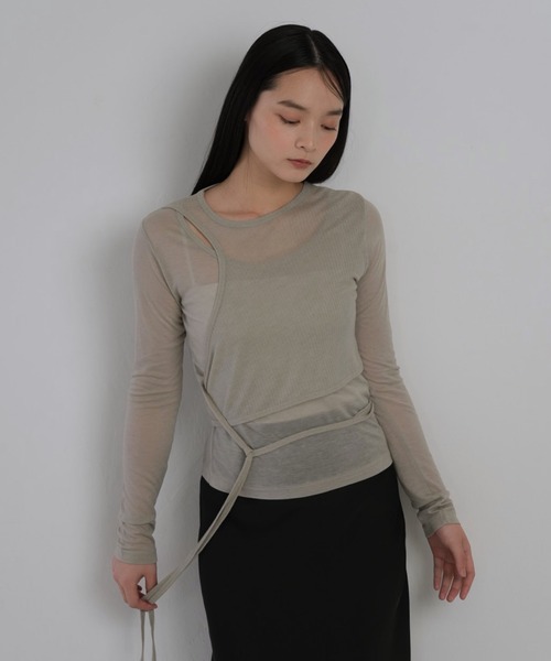 レイヤードデザイン グレー 長袖トップス
