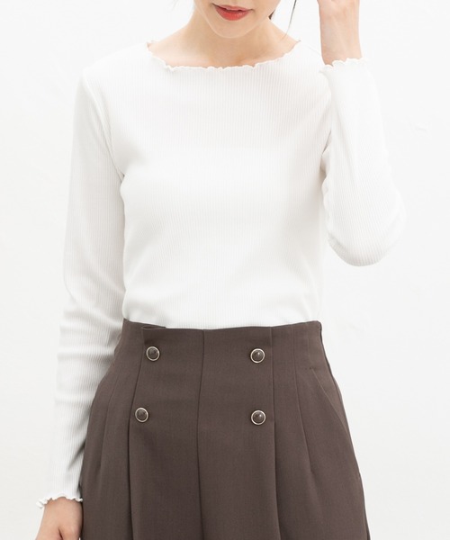 Honeys(ハニーズ)の「メロー使いトップス(Tシャツ/カットソー・レディース・アイボリー/ブラック/ブラック×ベージュ/ホワイト×ブラック/マスタード/ボルドー・S/LL/L/M)」の9枚目の写真