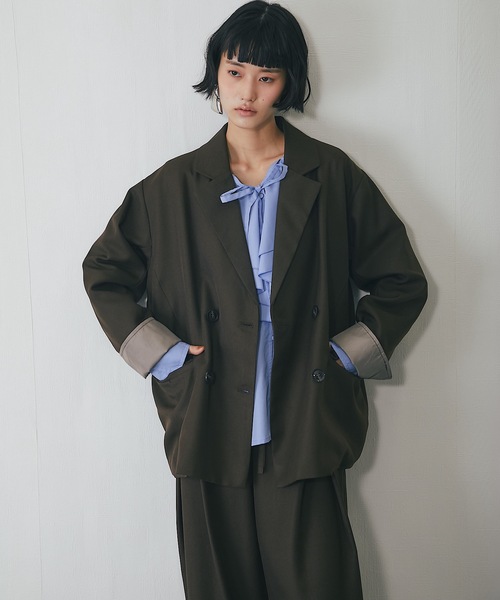 【タイムセール20%オフ】RE-PURPOSE シルク混テーラードジャケット セール】セットアップ可ヘザーエステル袖折り返しジャケット