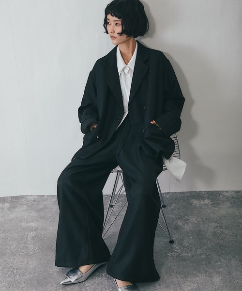 セットアップ可ヘザーエステル袖折り返しジャケット（テーラード