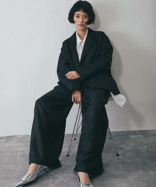 セットアップ可ヘザーエステル袖折り返しジャケット（テーラード