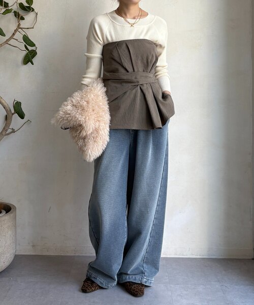 DouDou(ドゥドゥ)の「ボートネックリブニット(ニット/セーター・レディース・グレー/オフホワイト/ブラック/ブラウン/ボルドー・FREE)」の6枚目の写真