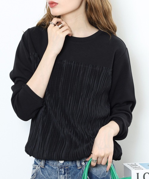 BRODIAEA(ブローディア)の「BRODIAEA 異素材切り替えプリーツプルオーバー(Tシャツ/カットソー・レディース・ブラック/ネイビー/カーキ・40)」の4枚目の写真