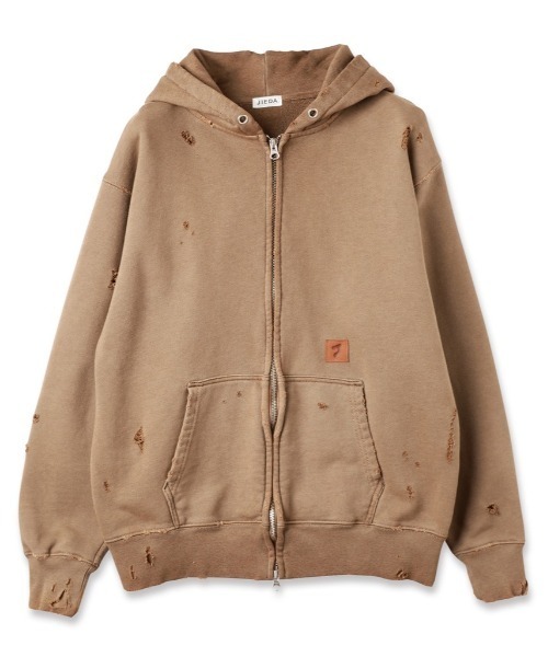 Jieda(ジエダ)の「DAMAGE PATCH ZIP HOODIE(パーカー・メンズ・ブラック/ブラウン・1/2)」の2枚目の写真