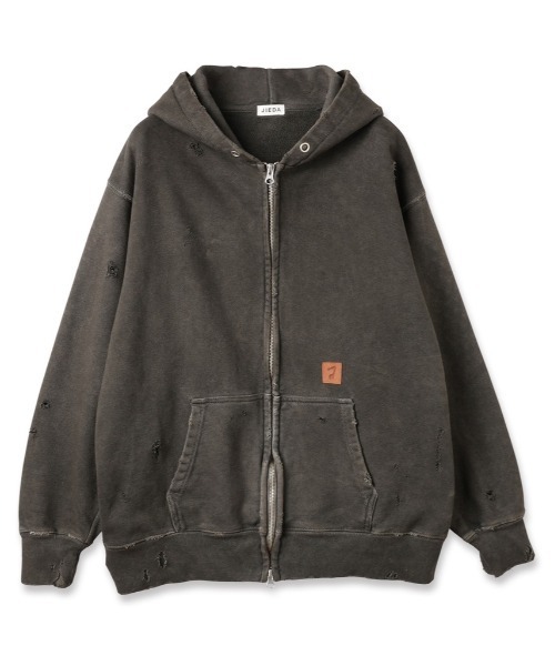 Jieda(ジエダ)の「DAMAGE PATCH ZIP HOODIE(パーカー・メンズ・ブラック/ブラウン・1/2)」の1枚目の写真