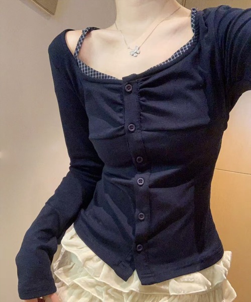 STAY MOTION（ステイモーション）の「【WEB限定】レイヤード風カットソー長袖トップス［韓国ファッション カジュアル］（Tシャツ/カットソー・レディース・ネイビー/ブラウン/チャコールグレー・F）」の3枚目の写真