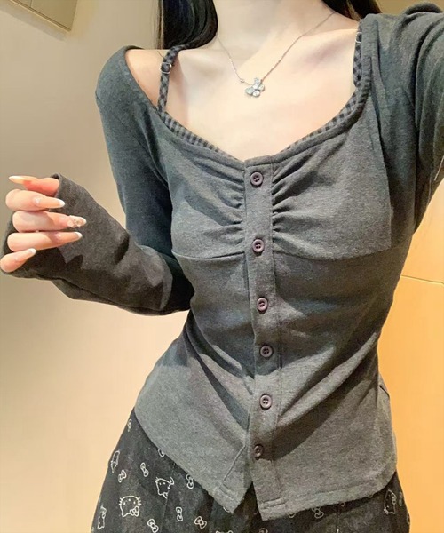 STAY MOTION（ステイモーション）の「【WEB限定】レイヤード風カットソー長袖トップス［韓国ファッション カジュアル］（Tシャツ/カットソー・レディース・ネイビー/ブラウン/チャコールグレー・F）」の2枚目の写真