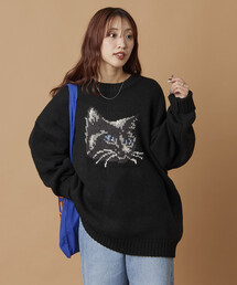 限定展開 リラックスフィット キャットモチーフ ローゲージ ジャガード クルーネックニット