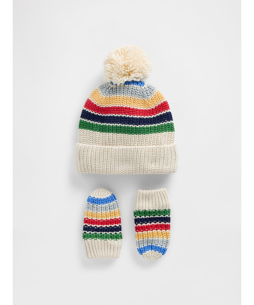 GAP(ギャップ)の「ポンポン ビーニー&ミトンセット (幼児・ベビー)(ニットキャップ/ビーニー・キッズ・マルチ・0-6M/6-12M/12-24M/2-3 YRS)」の1枚目の写真