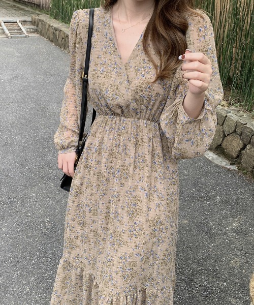 小花柄カシュクールティアードワンピース