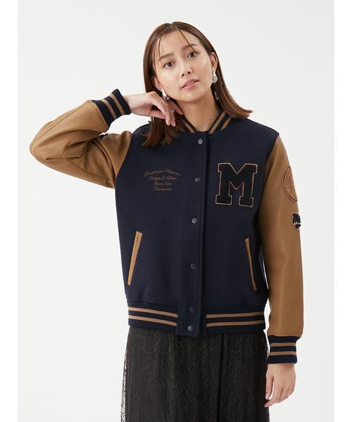 セール】ワッペンスタジアムジャンバー（ノーカラージャケット）｜Mila