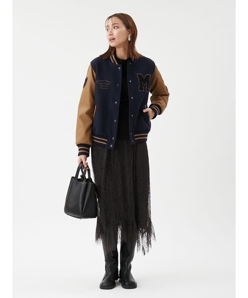 セール】ワッペンスタジアムジャンバー（ノーカラージャケット）｜Mila