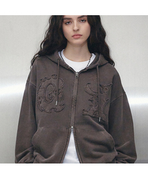 GAKKAI UNIONS（ガッカイユニオンズ）の「フレイムアップリケピグメントフードジップアップブラウン（パーカー）」