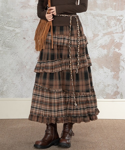 Diosfront（ディオスフロント）の「アシメティアードフリルチェックスカート（スカート・レディース・グレー/モカ・FREE）」の2枚目の写真