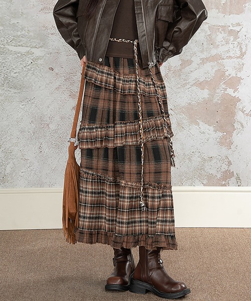 Diosfront（ディオスフロント）の「アシメティアードフリルチェックスカート（スカート・レディース・グレー/モカ・FREE）」の3枚目の写真