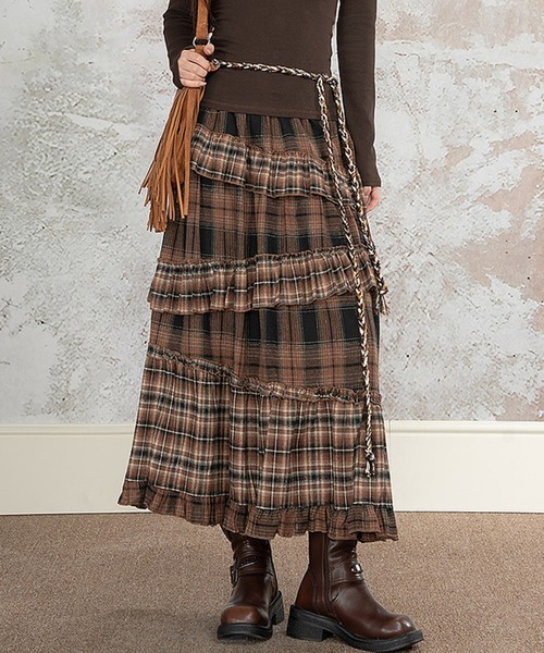 Diosfront（ディオスフロント）の「アシメティアードフリルチェックスカート（スカート・レディース・グレー/モカ・FREE）」の7枚目の写真