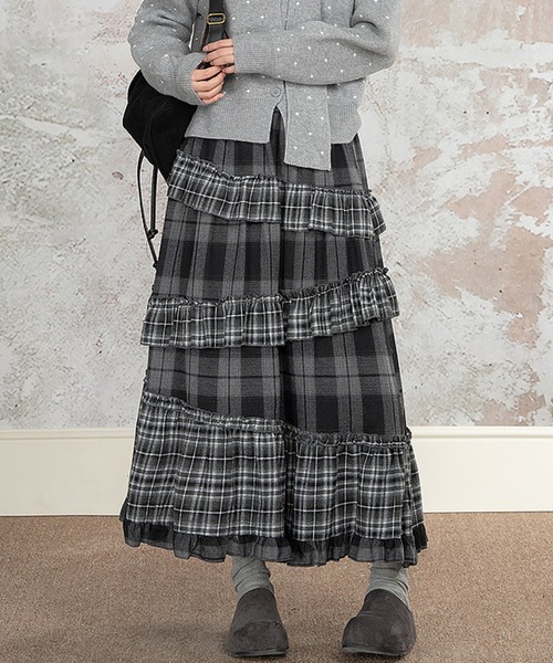 Diosfront（ディオスフロント）の「アシメティアードフリルチェックスカート（スカート・レディース・グレー/モカ・FREE）」の8枚目の写真