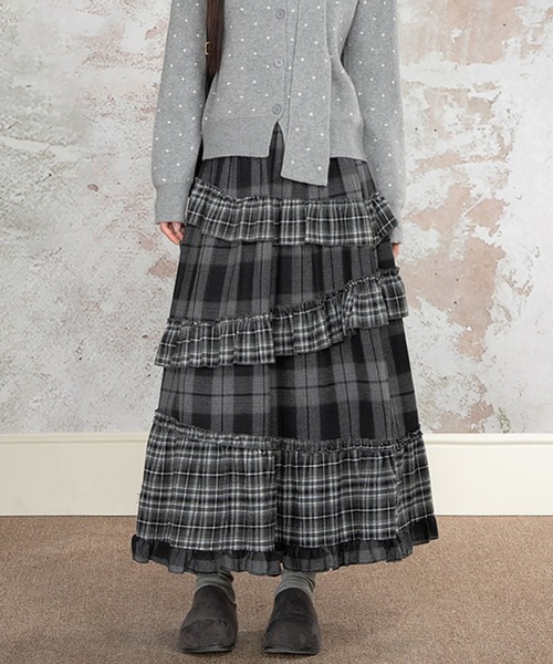 Diosfront（ディオスフロント）の「アシメティアードフリルチェックスカート（スカート・レディース・グレー/モカ・FREE）」の9枚目の写真