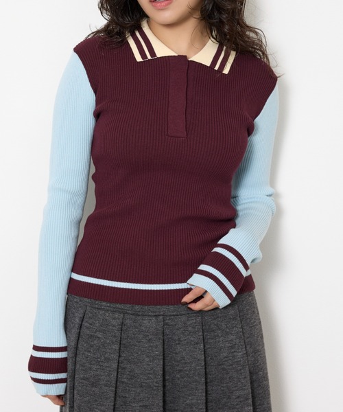 SLY（スライ）の「BICOLOR KNIT TOPS バイカラー ニット トップス 冬服 春服（ニット/セーター・レディース・ライトブルー/ブラック/ネイビー/バーガンディー・FREE）」の4枚目の写真