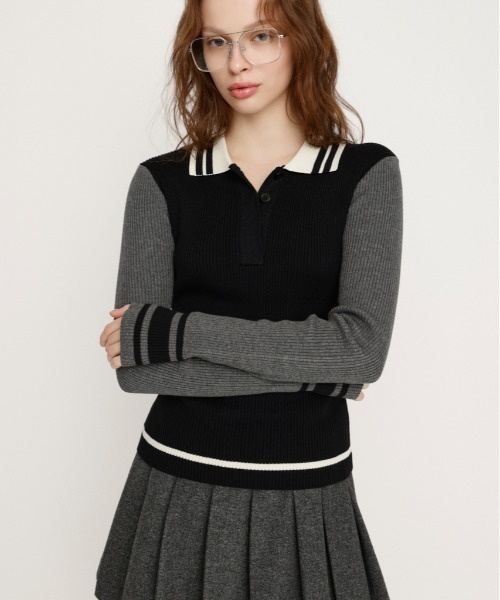 SLY（スライ）の「BICOLOR KNIT TOPS バイカラー ニット トップス 冬服 春服（ニット/セーター・レディース・ライトブルー/ブラック/ネイビー/バーガンディー・FREE）」の2枚目の写真