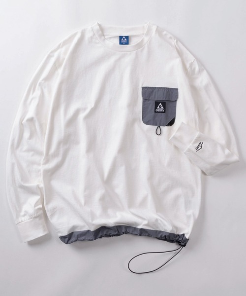 GERRY(ジェリー)の「【70】【GERRY/ジェリー】ワンポイントロゴ ナイロンポケット ロングスリーブTシャツ ドローコード(Tシャツ/カットソー・メンズ・ホワイト/ブラック/アッシュグレー・M/L/XL)」の1枚目の写真