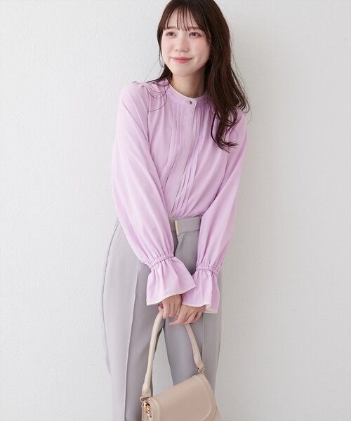 natural couture（ナチュラルクチュール）の「配色パイピングタックブラウス（シャツ/ブラウス・レディース・ピンク/その他1/グレイッシュベージュ/チャコールグレー/ベージュ・FREE）」の4枚目の写真