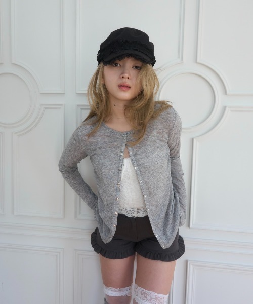Smyeon（スミョン）の「Logo embroidery Long sleeve sheer cardigan/ロゴ刺繍シアーカットカーディガン（カーディガン/ボレロ・レディース・グレー/ライトブルー/ブラック/パープル/ミント・FREE）」の2枚目の写真