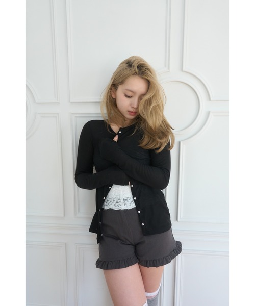 Smyeon（スミョン）の「Logo embroidery Long sleeve sheer cardigan/ロゴ刺繍シアーカットカーディガン（カーディガン/ボレロ・レディース・グレー/ライトブルー/ブラック/パープル/ミント・FREE）」の7枚目の写真