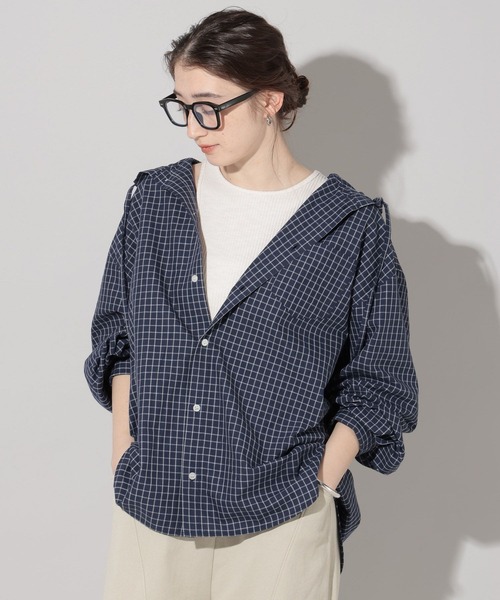 GEORGE'S（ジョージズ）の「チェックフードシャツ（シャツ/ブラウス・レディース・オフホワイト/グリーン/ネイビー・FREE）」の7枚目の写真