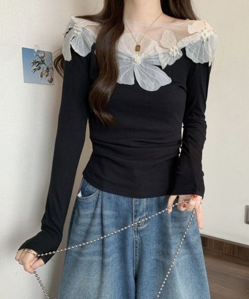 Ritzy（リッツィー）の「衿フェイクビーズ付きレースブラウストップス（シャツ/ブラウス・レディース・ブラック/ホワイト・M/L）」の2枚目の写真