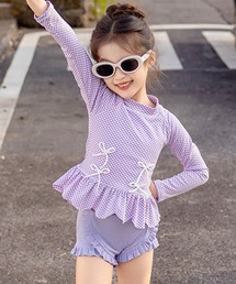 TeddyShop（テディショップ）の「【キッズ水着 ビキニ】長袖プチハイネックギンガムチェックリボントップス+フリルリブショートパンツ+スイムキャップ 3点セット（水着）」