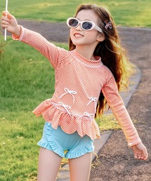 TeddyShop（テディショップ）の「【キッズ水着 ビキニ】長袖プチハイネックギンガムチェックリボントップス+フリルリブショートパンツ+スイムキャップ 3点セット（水着）」