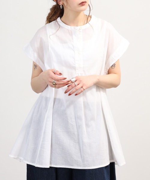 OMNES（オムネス）の「コットンボイル フレンチスリーブフレアシャツ（シャツ/ブラウス・レディース・ホワイト/ベージュ/ブラウン・FREE）」の7枚目の写真
