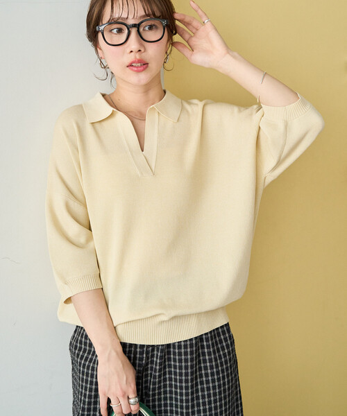 FREAK'S STORE（フリークスストア）の「限定展開　<接触冷感>半袖 ポロ襟 スキッパー サマーニット（ニット/セーター・レディース・ネイビー/モカ/ベージュ/レッド/ブラウン/ブラック/ナチュラル/レモンイエロー/グリーン・ﾌﾘ-）」の6枚目の写真