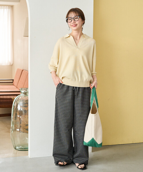 FREAK'S STORE（フリークスストア）の「限定展開　<接触冷感>半袖 ポロ襟 スキッパー サマーニット（ニット/セーター・レディース・ネイビー/モカ/ベージュ/レッド/ブラウン/ブラック/ナチュラル/レモンイエロー/グリーン・ﾌﾘ-）」の10枚目の写真