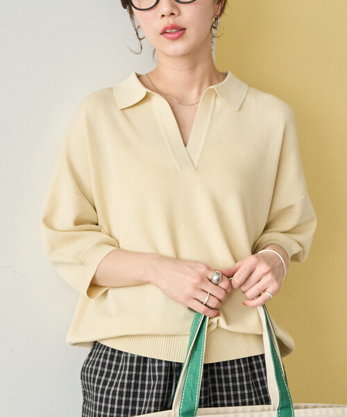 FREAK'S STORE（フリークスストア）の「限定展開　<接触冷感>半袖 ポロ襟 スキッパー サマーニット（ニット/セーター・レディース・ネイビー/モカ/ベージュ/レッド/ブラウン/ブラック/ナチュラル/レモンイエロー/グリーン・ﾌﾘ-）」の15枚目の写真