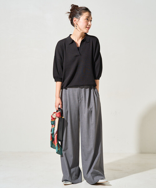 FREAK'S STORE（フリークスストア）の「限定展開　<接触冷感>半袖 ポロ襟 スキッパー サマーニット（ニット/セーター・レディース・ネイビー/モカ/ベージュ/レッド/ブラウン/ブラック/ナチュラル/レモンイエロー/グリーン・ﾌﾘ-）」の18枚目の写真