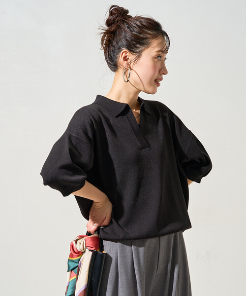 FREAK'S STORE（フリークスストア）の「限定展開　<接触冷感>半袖 ポロ襟 スキッパー サマーニット（ニット/セーター・レディース・ネイビー/モカ/ベージュ/レッド/ブラウン/ブラック/ナチュラル/レモンイエロー/グリーン・ﾌﾘ-）」の19枚目の写真