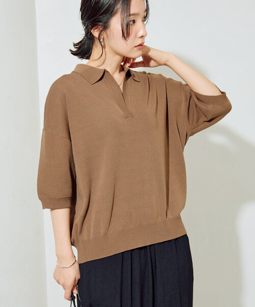 FREAK'S STORE(フリークスストア)の「限定展開 <接触冷感>半袖 ポロ襟 スキッパー サマーニット(ニット/セーター・レディース・ネイビー/モカ/ベージュ/レッド/ブラウン/ブラック/ナチュラル/レモンイエロー/グリーン・フリ-)」の11枚目の写真