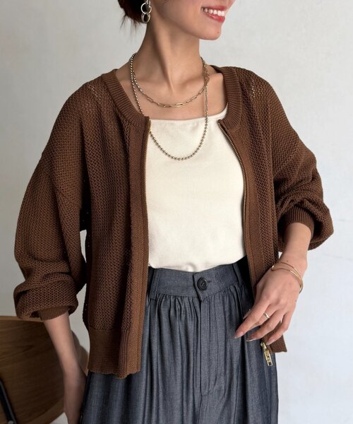Chez toi(シェトワ)の「【体型カバーも叶う】メッシュジップブルゾン(カーディガン/ボレロ・レディース・ホワイト/ブラウン/ブラック・FREE)」の15枚目の写真