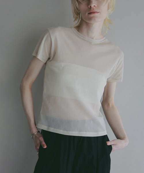 MANOF(マノフ)の「BASIC TULLE T-SHIRTS(Tシャツ/カットソー・レディース・アイボリー/ブラック/ピンク・F)」の1枚目の写真