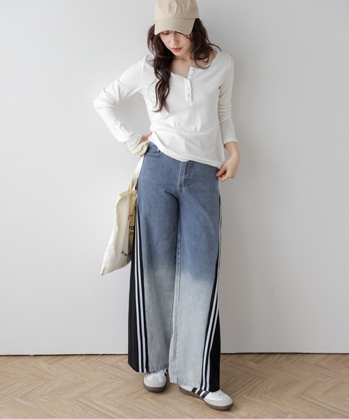 セール】切替デザインワイドデニムパンツ（デニムパンツ）｜AMELY
