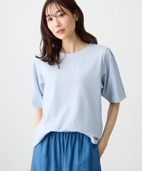 Petit Honfleur(プチオンフルール)の「サッカーストライププルオーバー(Tシャツ/カットソー・レディース・ベージュ/サックスブルー/グレー・M/L)」の3枚目の写真