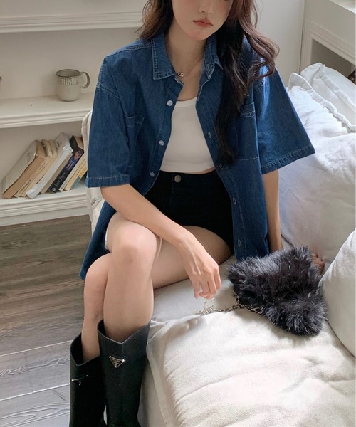 MAISON DE THERESE(メゾン ド テレーズ)の「デニム 半袖シャツ ビッグシルエット 韓国風 薄手 アウター(デニムジャケット・レディース・インディゴブルー/ブルー・M/L)」の18枚目の写真